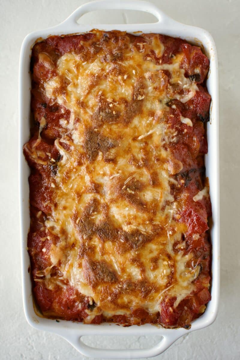 Cheese topped manicotti fresh from the oven.