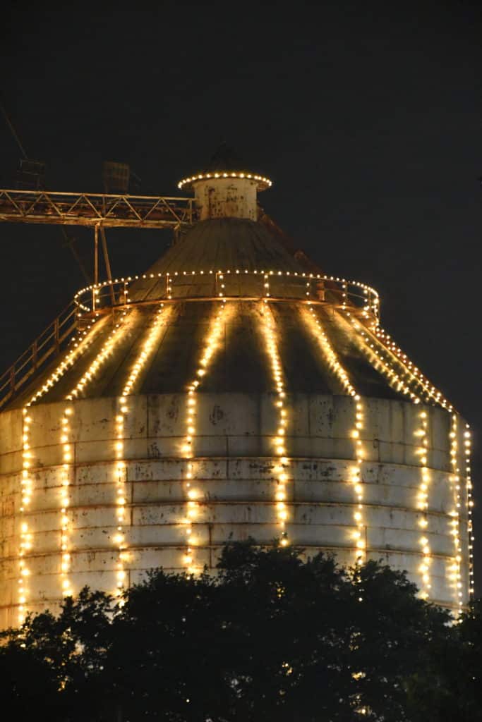 Magnolia Market Silo lit up at Christmas Time