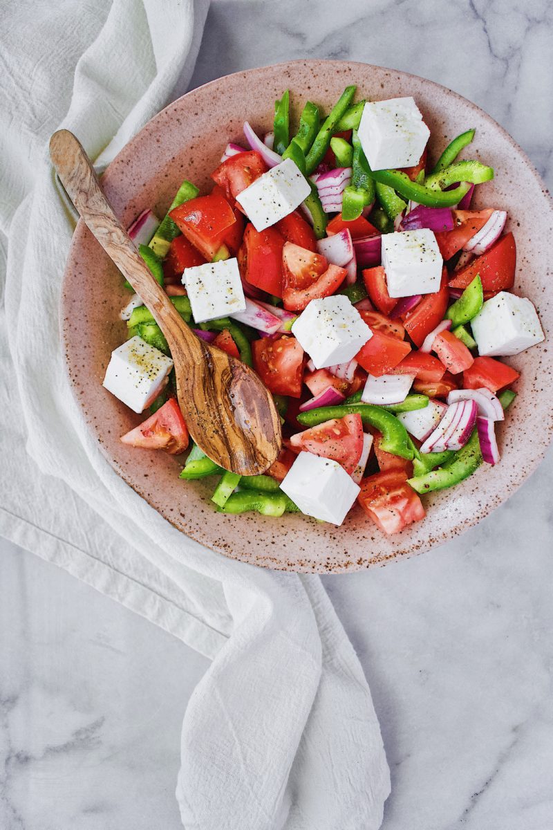 Greek Salad topped with Feta Cheese Cubes