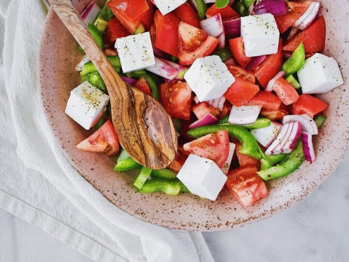 Greek Salad topped with Feta Cheese Cubes