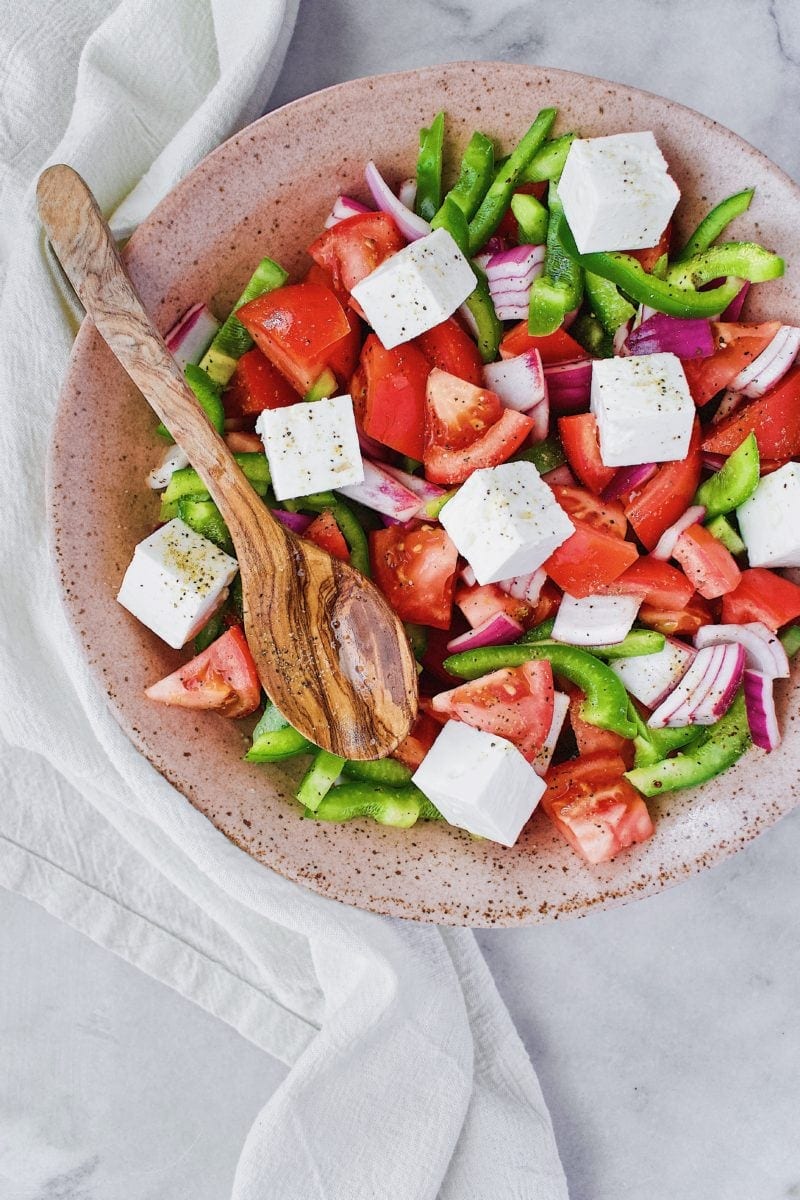 Greek Salad topped with Feta Cheese Cubes