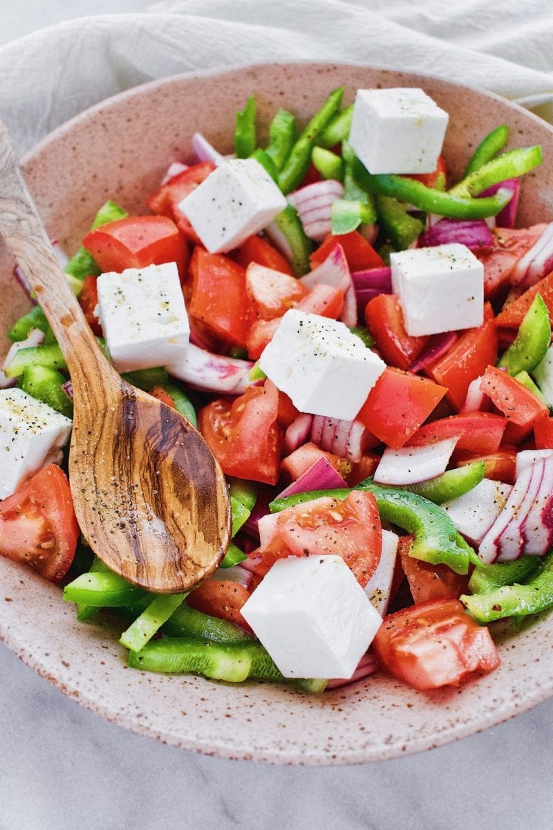 Greek Salad topped with Feta Cheese Cubes