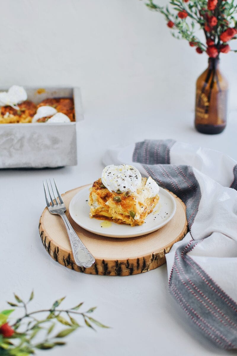 single slice of Pumpkin Beer Cheese Lasagna