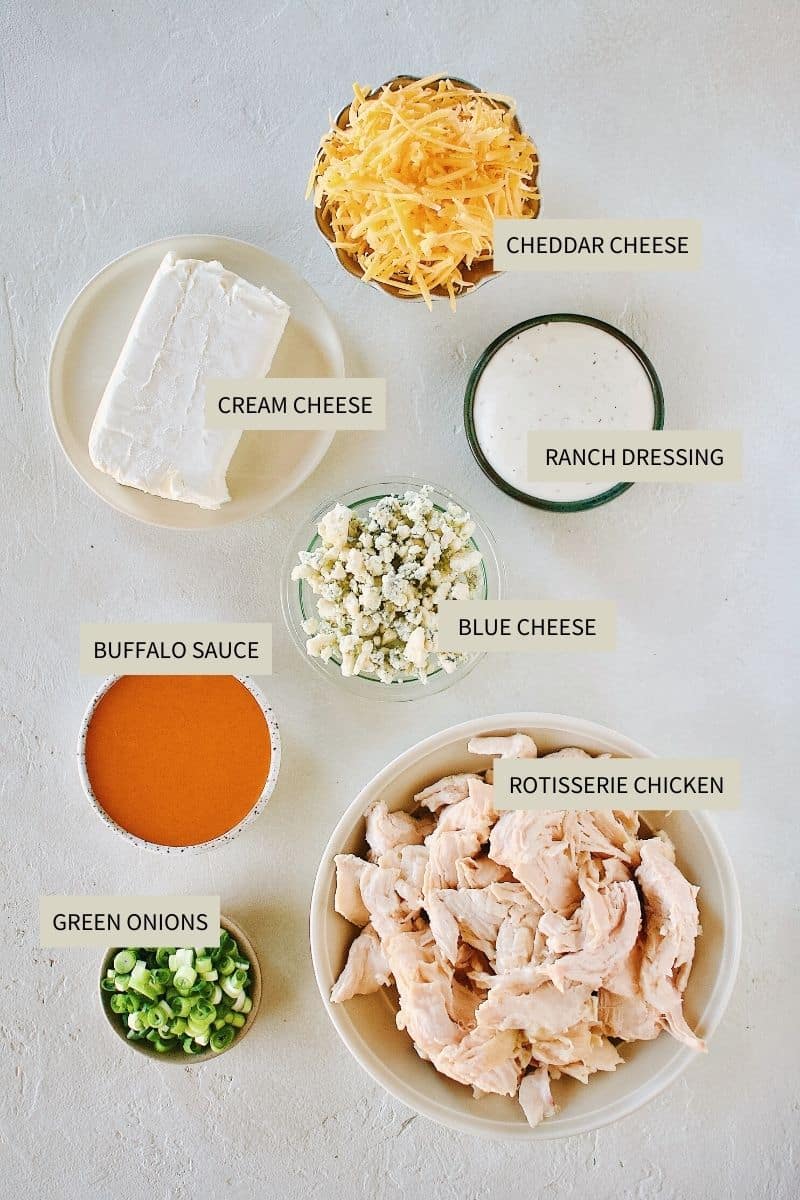 Ingredients needed to make Buffalo Chicken Cheese Dip