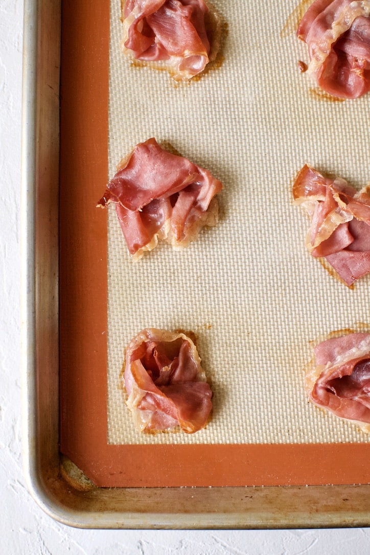 Prosciutto rolled into roses, after baking.