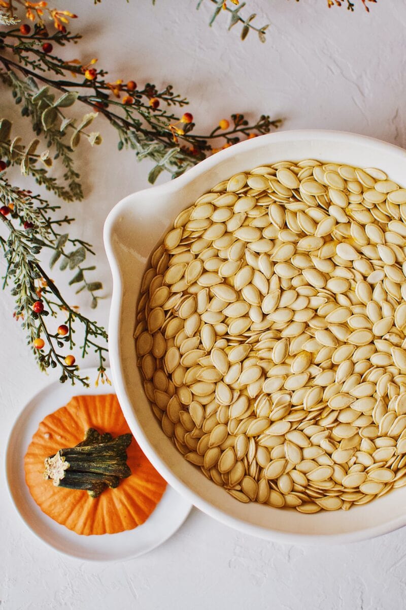 pumpkin seeds removed from the pumpkin and rinsing in water, pulp removed.