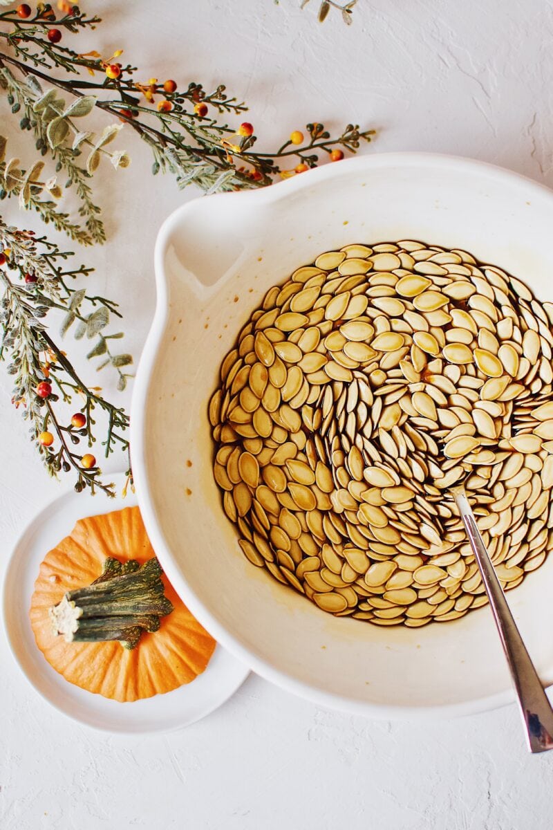 Soy Sauce Pumpkin Seeds soaking in soy sauce.