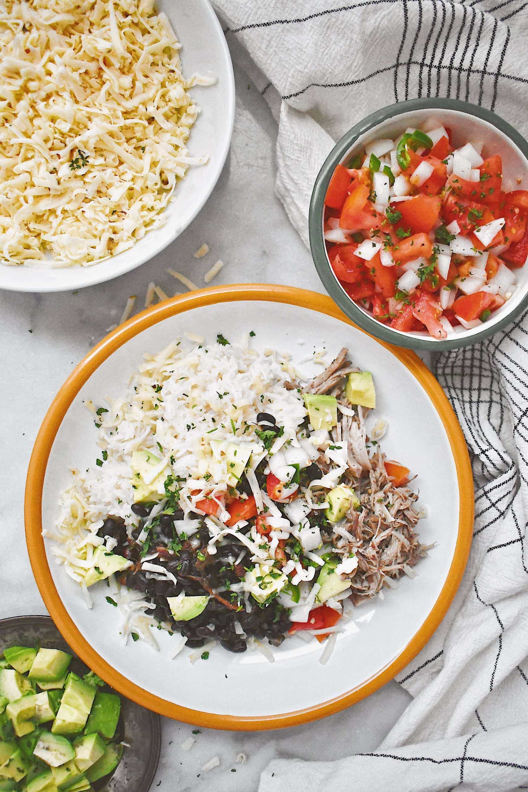 Pork Burrito Bowl with fixings