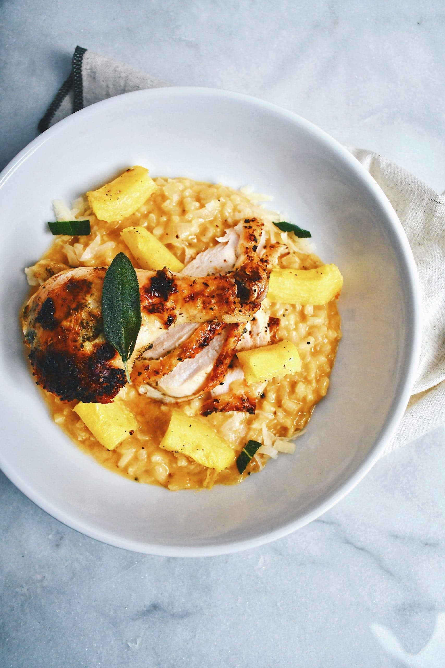 Pumpkin Sage Risotto served with Spatchcock Chicken