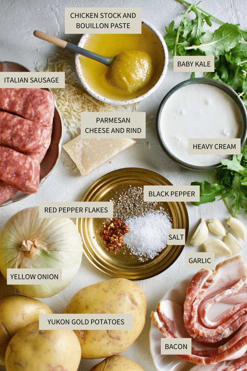 Ingredients needed to make Zuppa Toscana Soup.