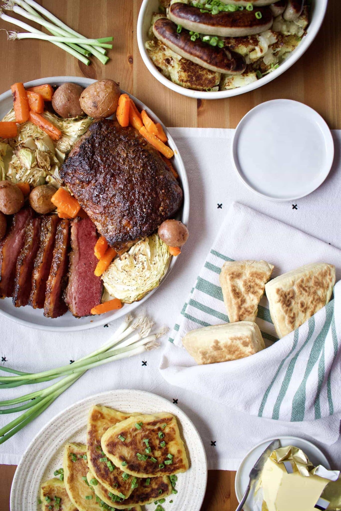 a classic Irish-American feast laid out on a table.