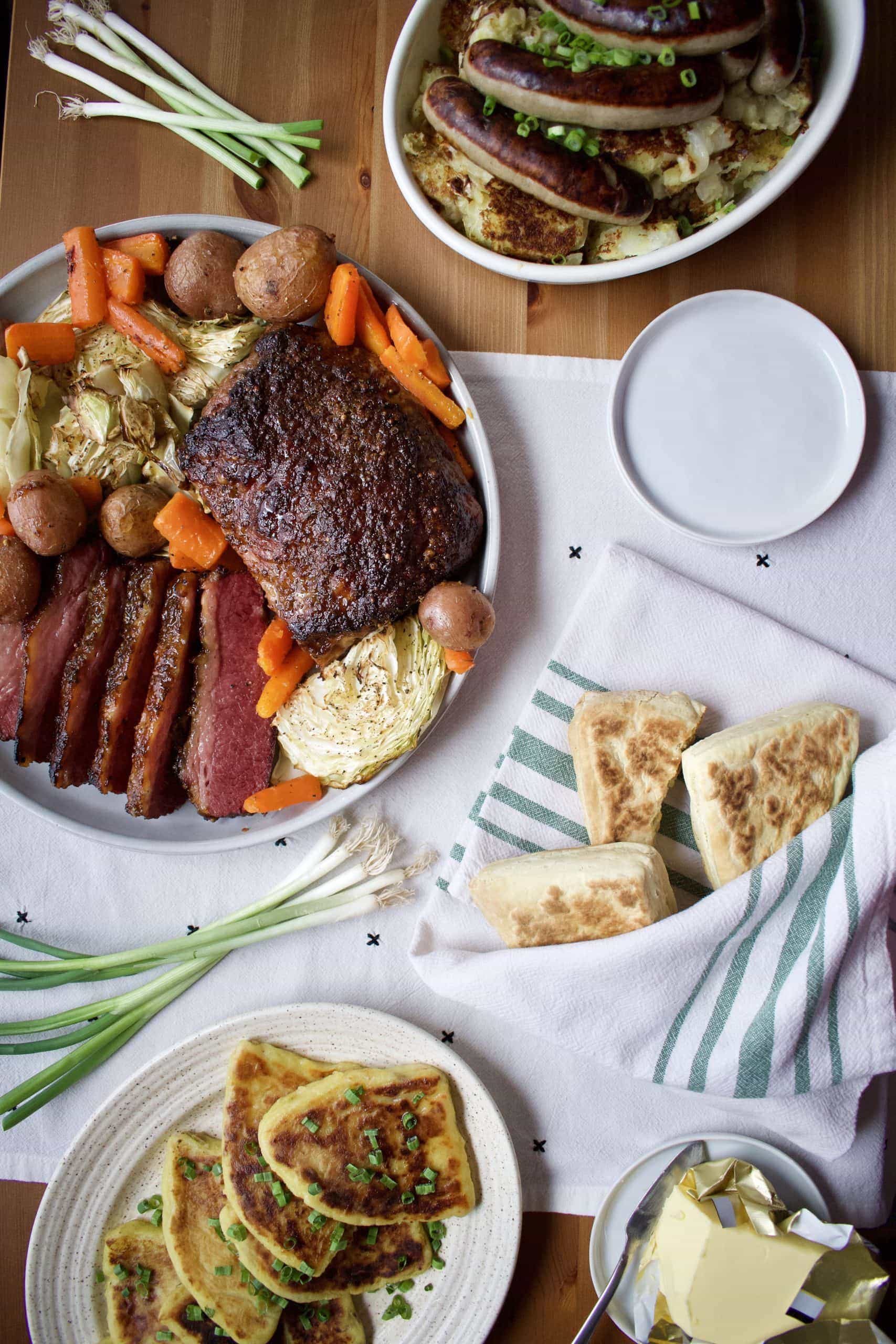 a classic Irish-American feast laid out on a table.