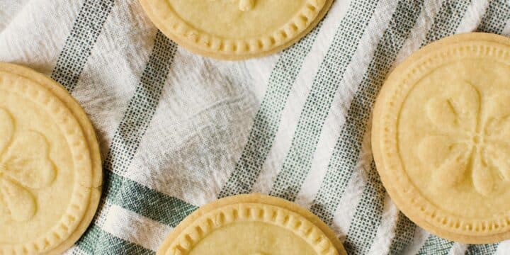 Irish Shortbread Cookies/Biscuits on a green striped towel.