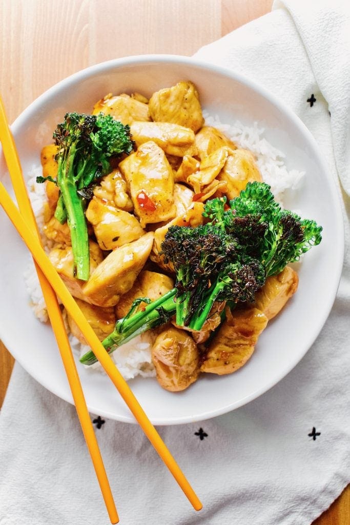 General Tso Chicken over Basmati Rice with grilled Broccoli