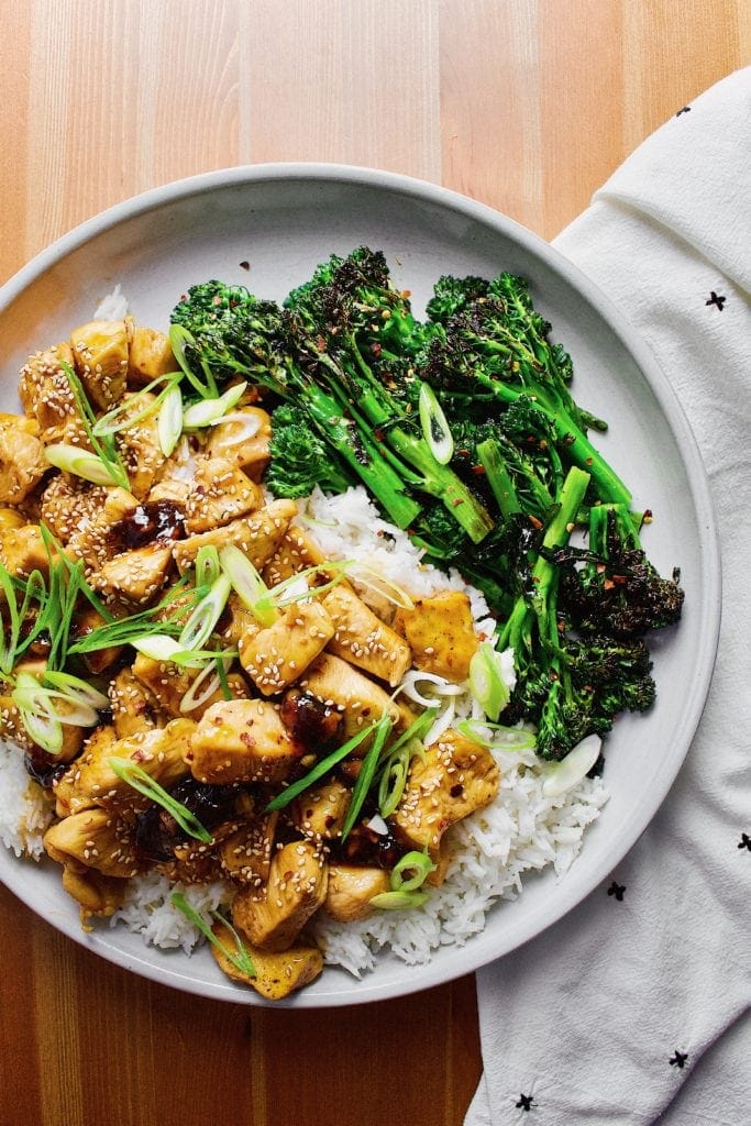 General Tso Chicken over Basmati Rice with grilled Broccoli