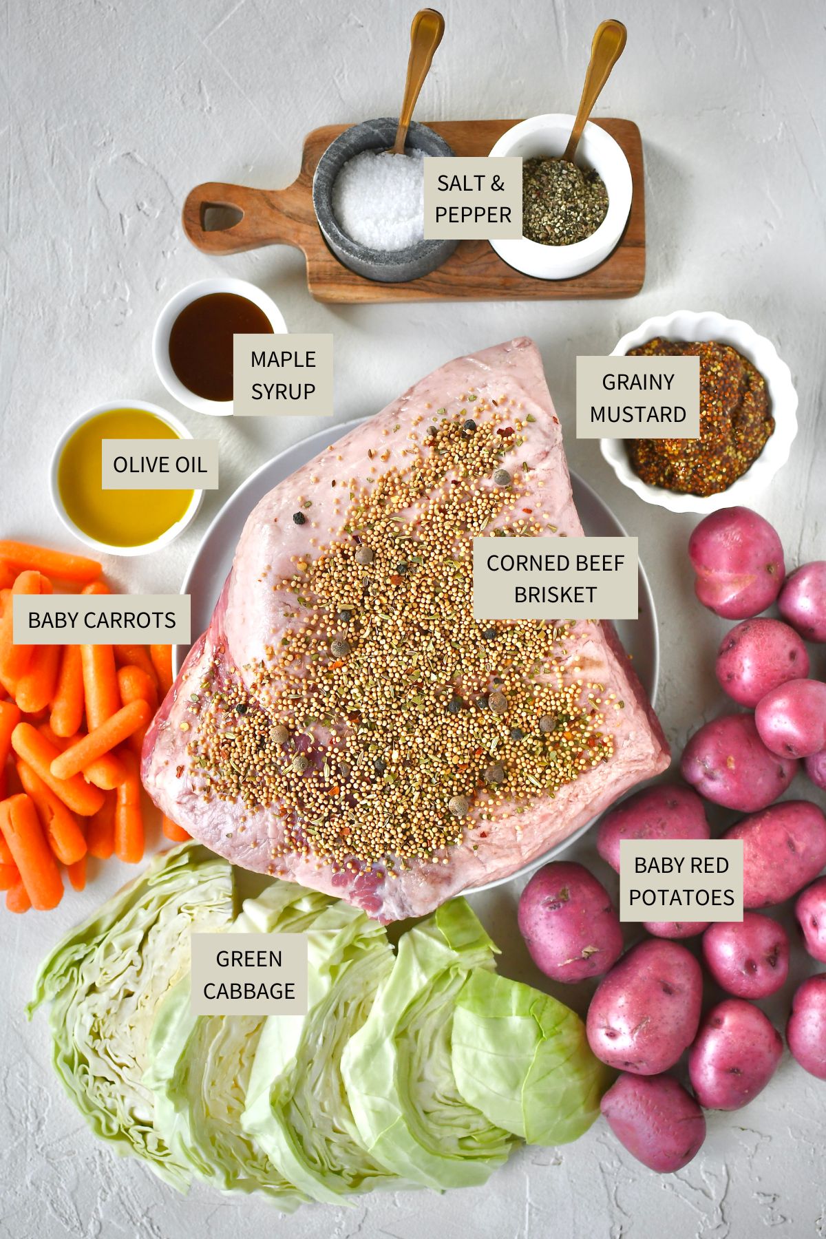 Ingredients needed to make Corned Beef and Cabbage.