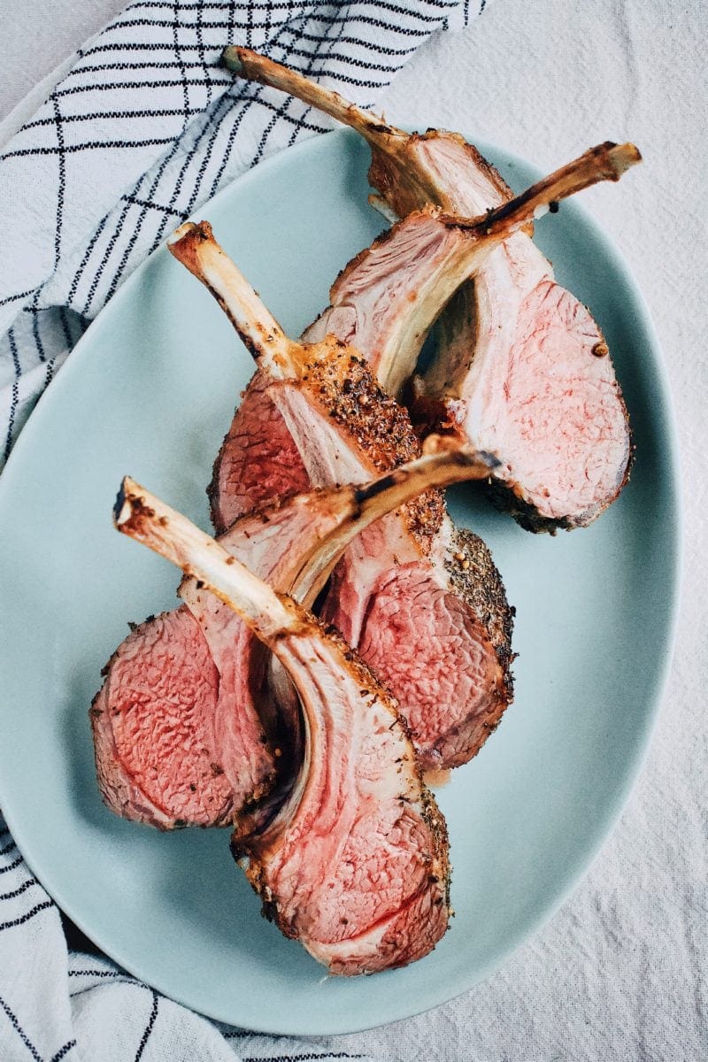 Perfectly Roasted Rack of Lamb, sliced into chops