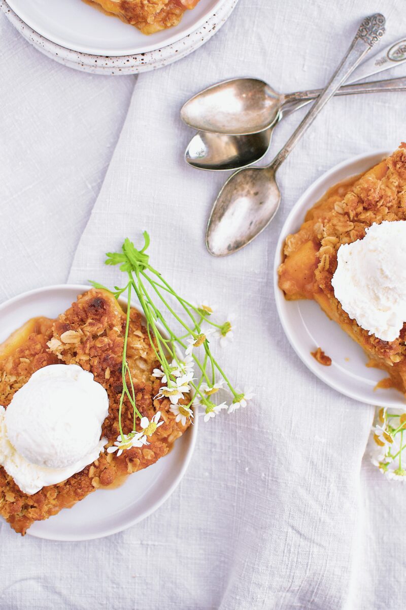 Spiced Peach Pie with ice cream on top