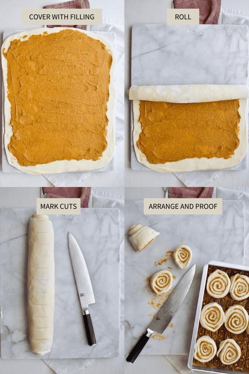 Filling and Rolling the Pumpkin Spice Cinnamon Rolls