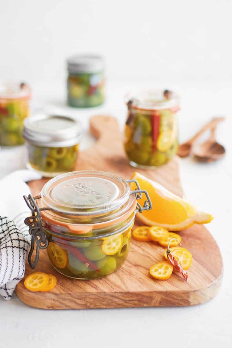 finished marinated olives with kumquats and chili