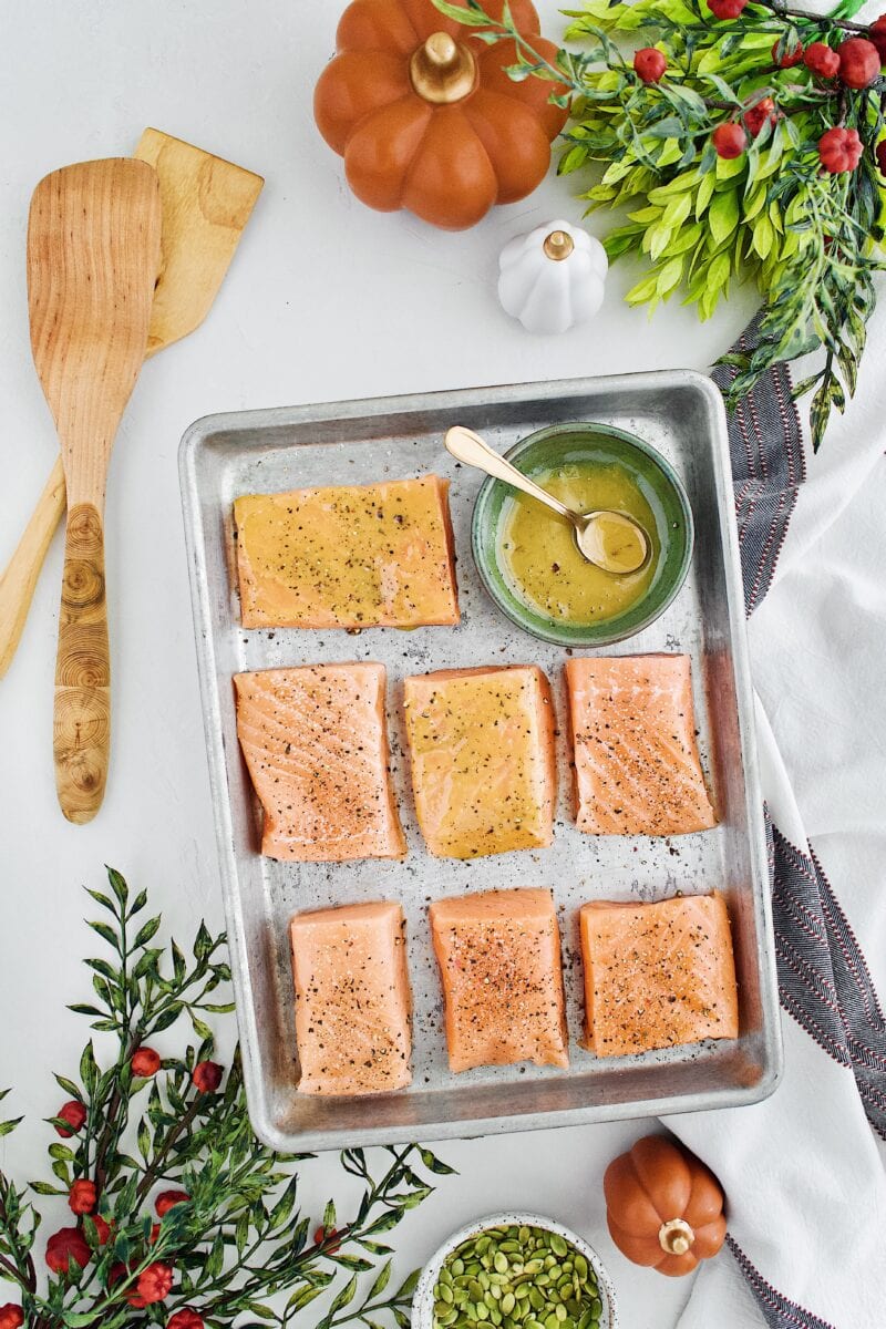 Salmon with a mustard and maple glaze on top