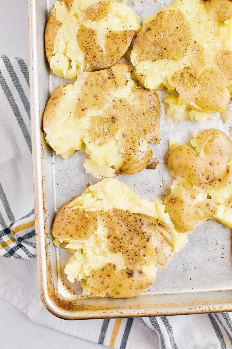 Boiled potatoes that have been smashed