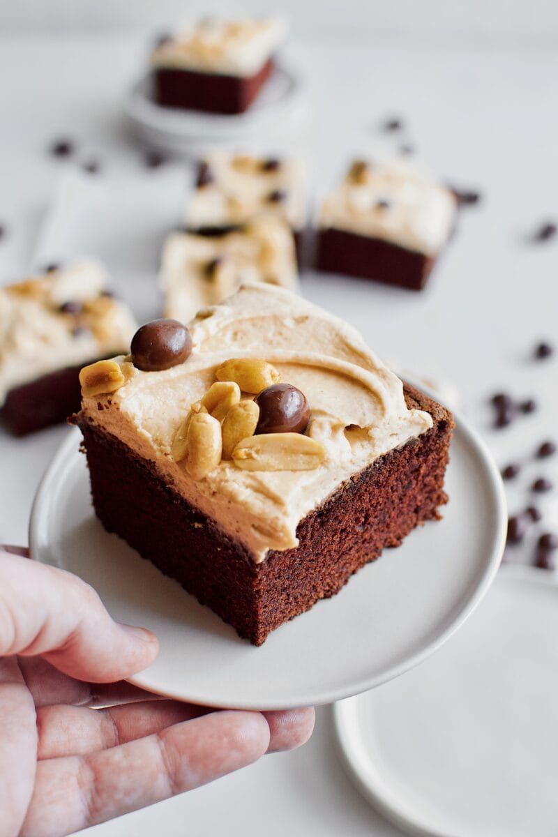 a single slice of Chocolate Covered Peanut Cake being passed