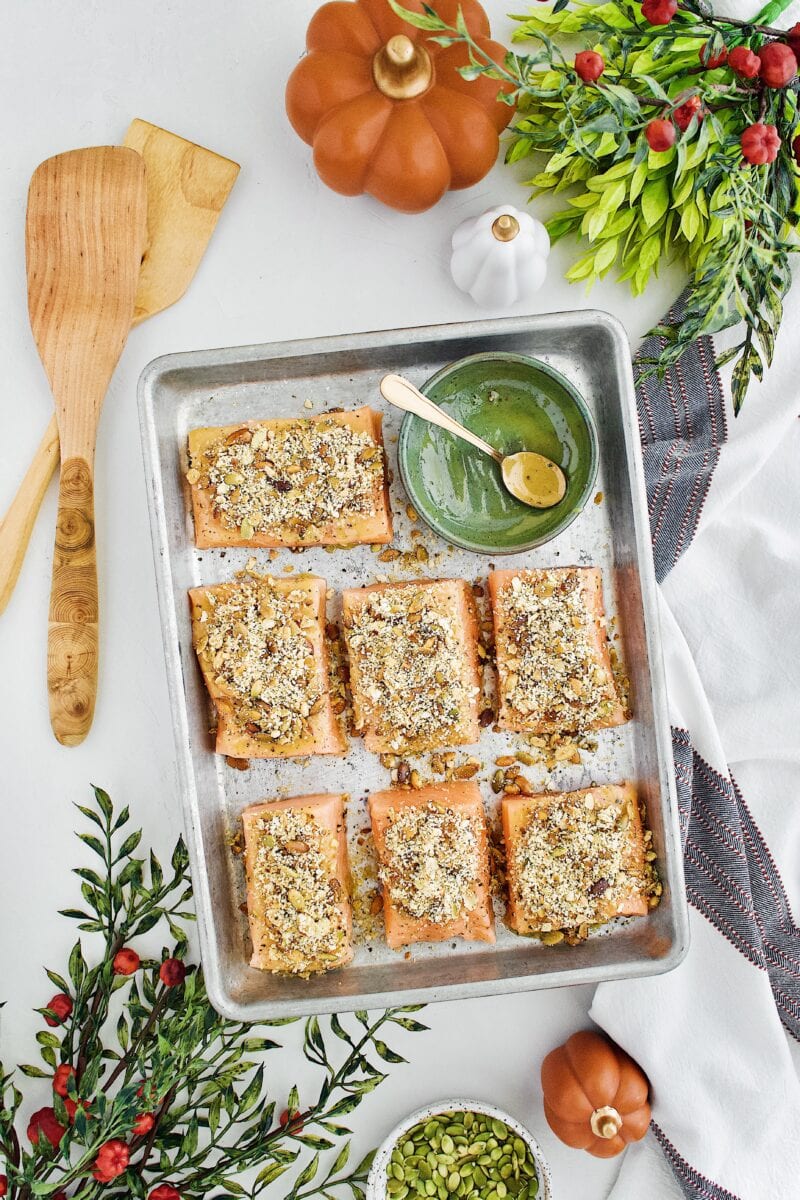 Salmon topped with a pepita crust