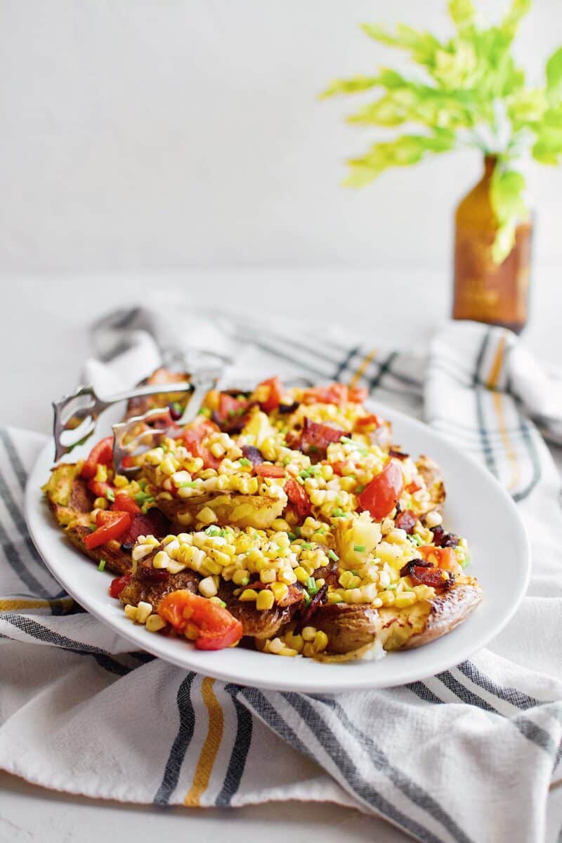 Smashed Potatoes with Corn, Tomato, and Bacon Salad