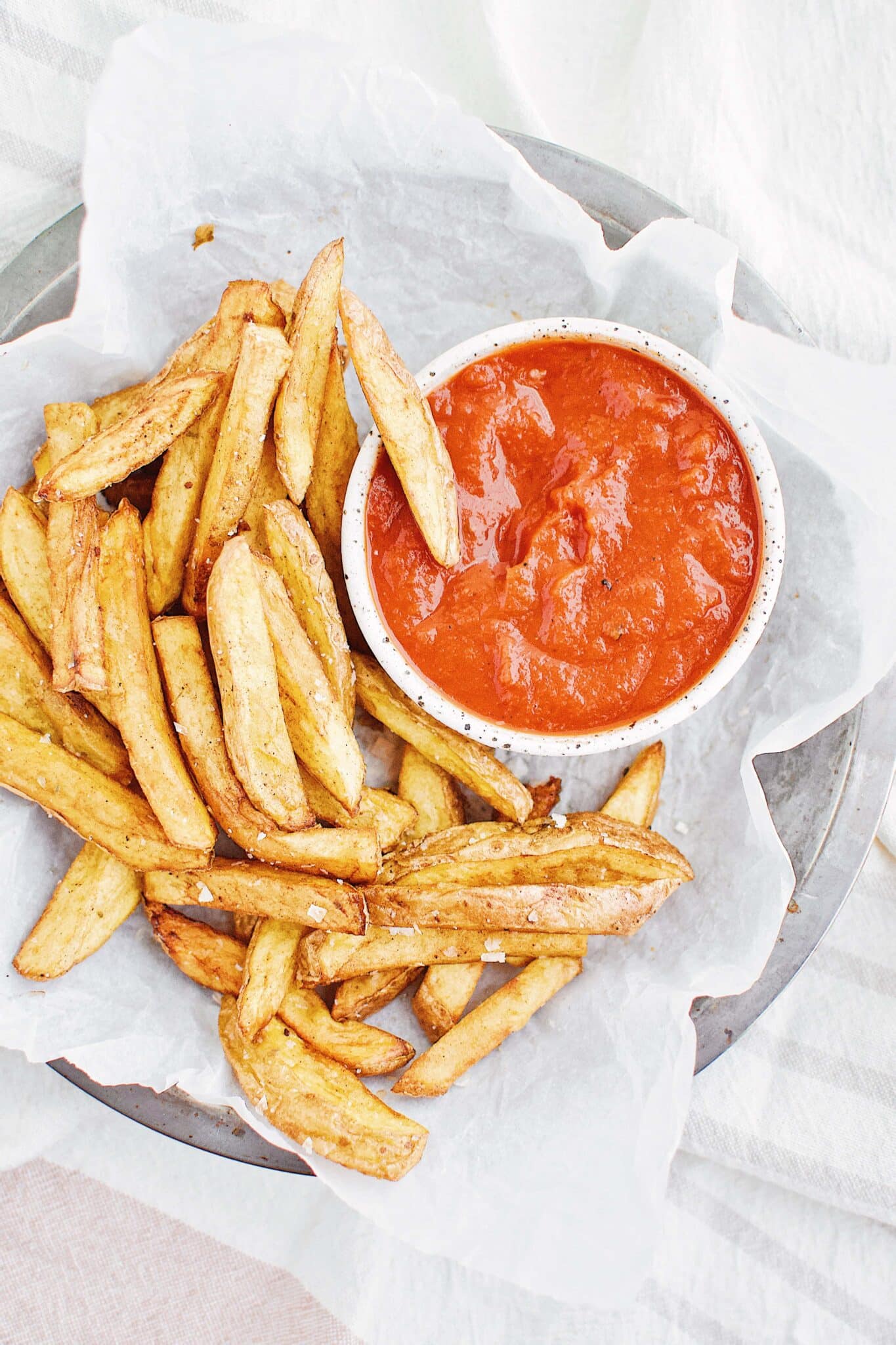 Yukon gold potatoes and cut into fries and deep fried a second time with truffle ketchup to dip them in