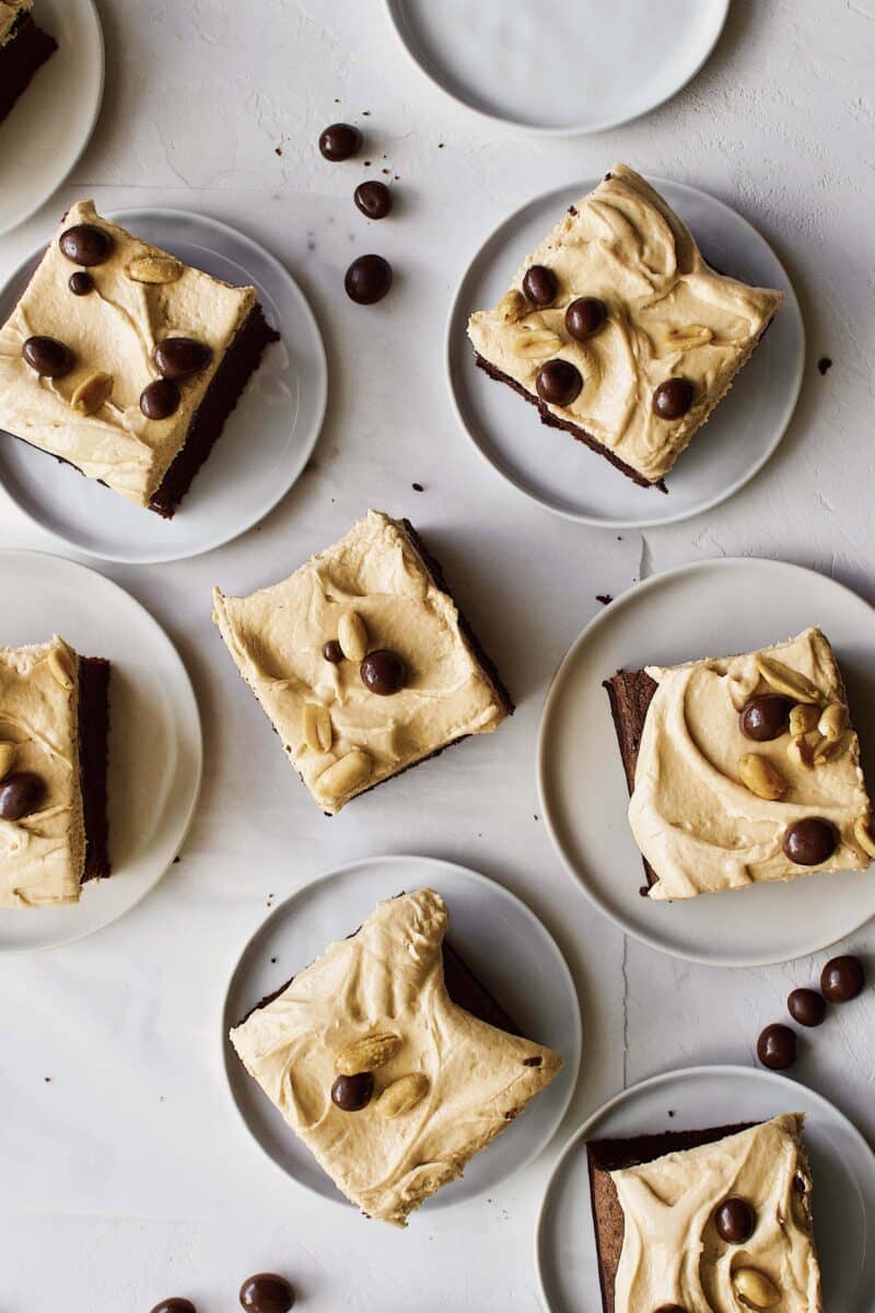 Chocolate Covered Peanut Cake sliced and ready to serve on white plates with extra peanuts scattered around