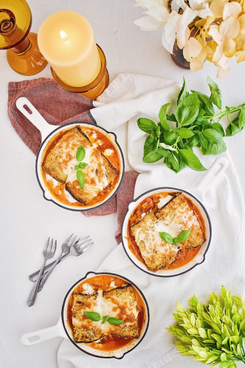 Eggplant Parmesan Rollatini in small 6 inch cast iron skillets