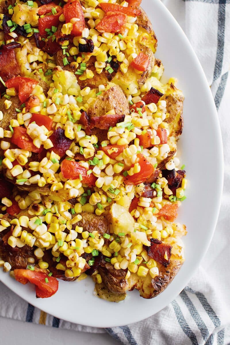 Smashed Potatoes with Corn, Tomato, and Bacon Salad