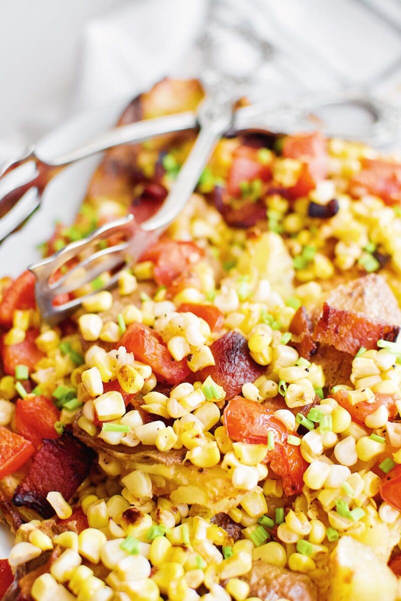 Smashed Potatoes with Corn, Tomato, and Bacon Salad