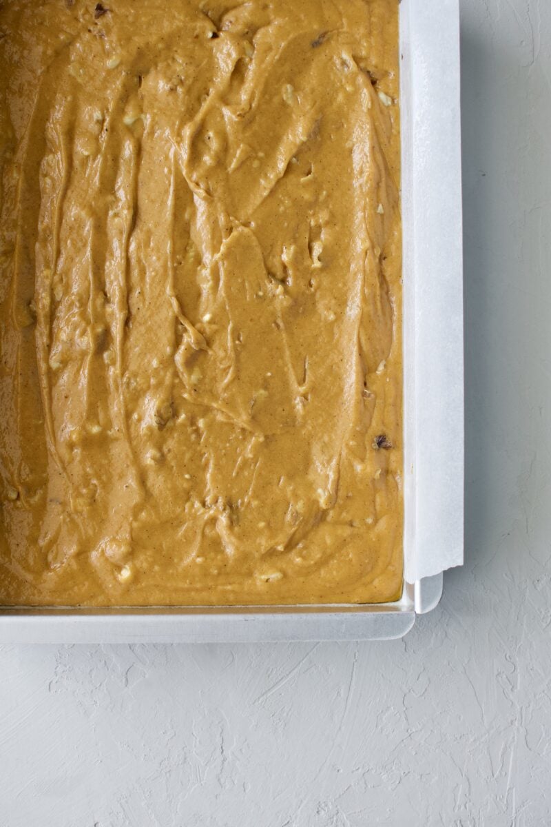 finished cake batter in the pan ready to go in the oven