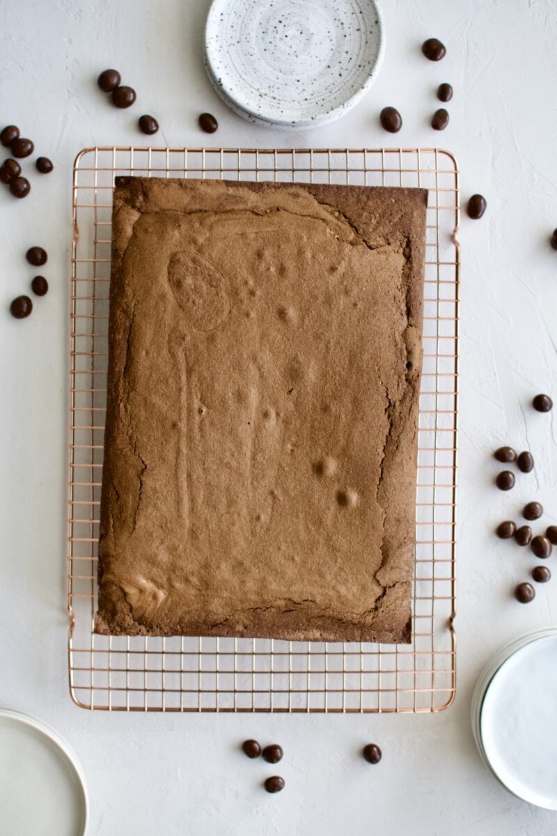 chocolate cake cooling on a rack