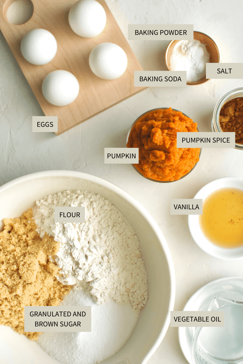 pumpkin cake ingredient photo showing all the ingredients needed to make the cake