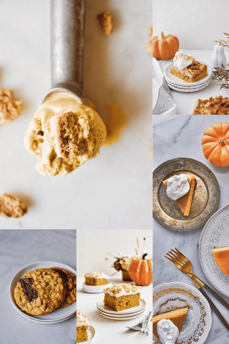 5 Pumpkin Desserts, Pumpkin Cardamom Ice Cream, Pumpkin Chocolate Chunk Oatmeal Cookies, Pumpkin Walnut Cake, Pumpkin Dessert Bars, Perfect Pumpkin Cheesecake