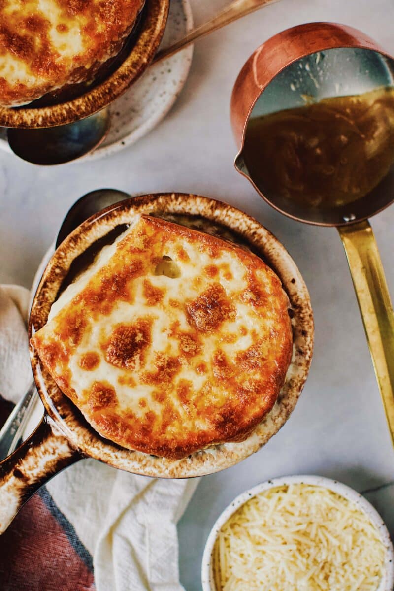 French Onion Soup the way mom used to make in a single serve brown crock.