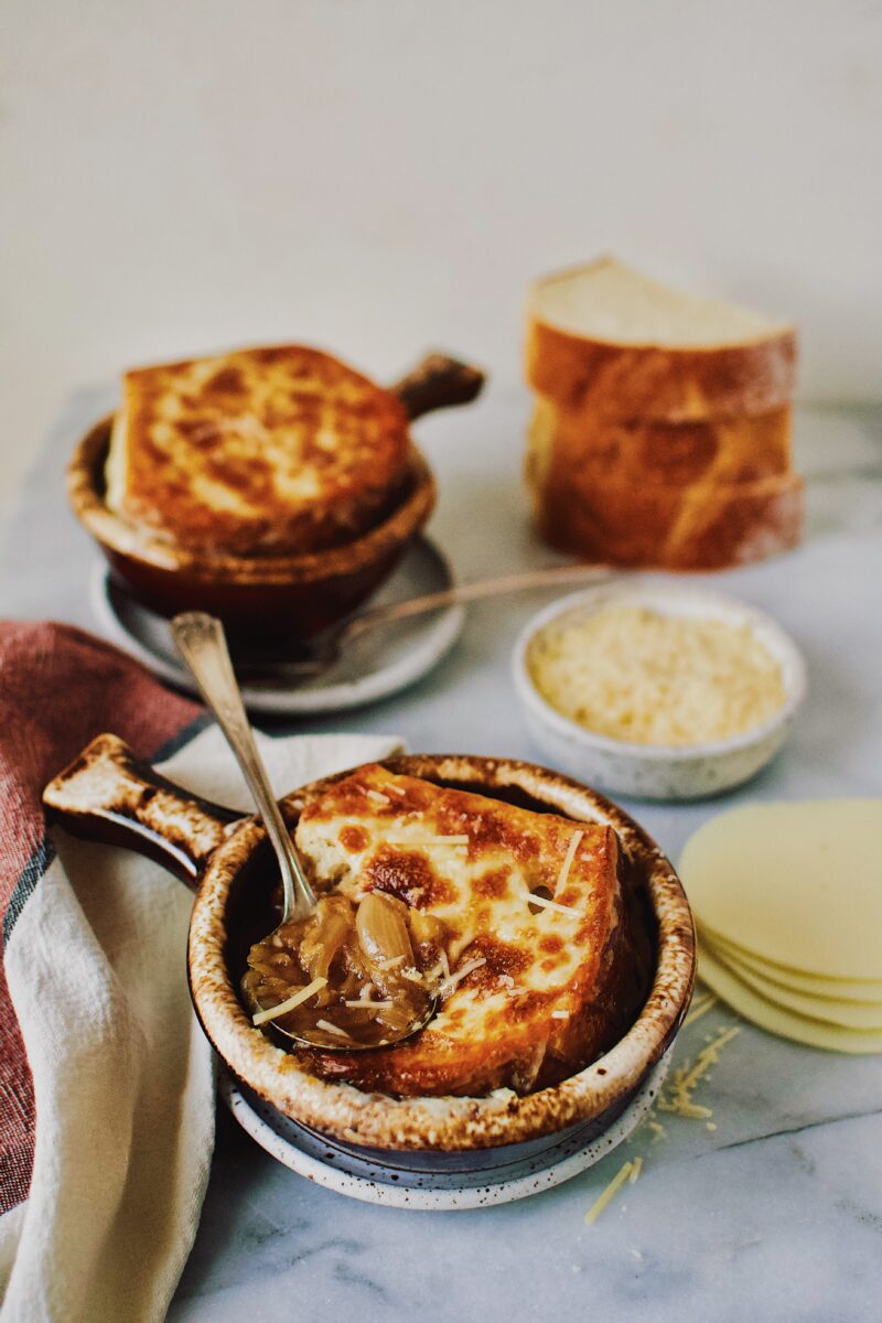 French Onion Soup the way mom used to make in a single serve brown crock.