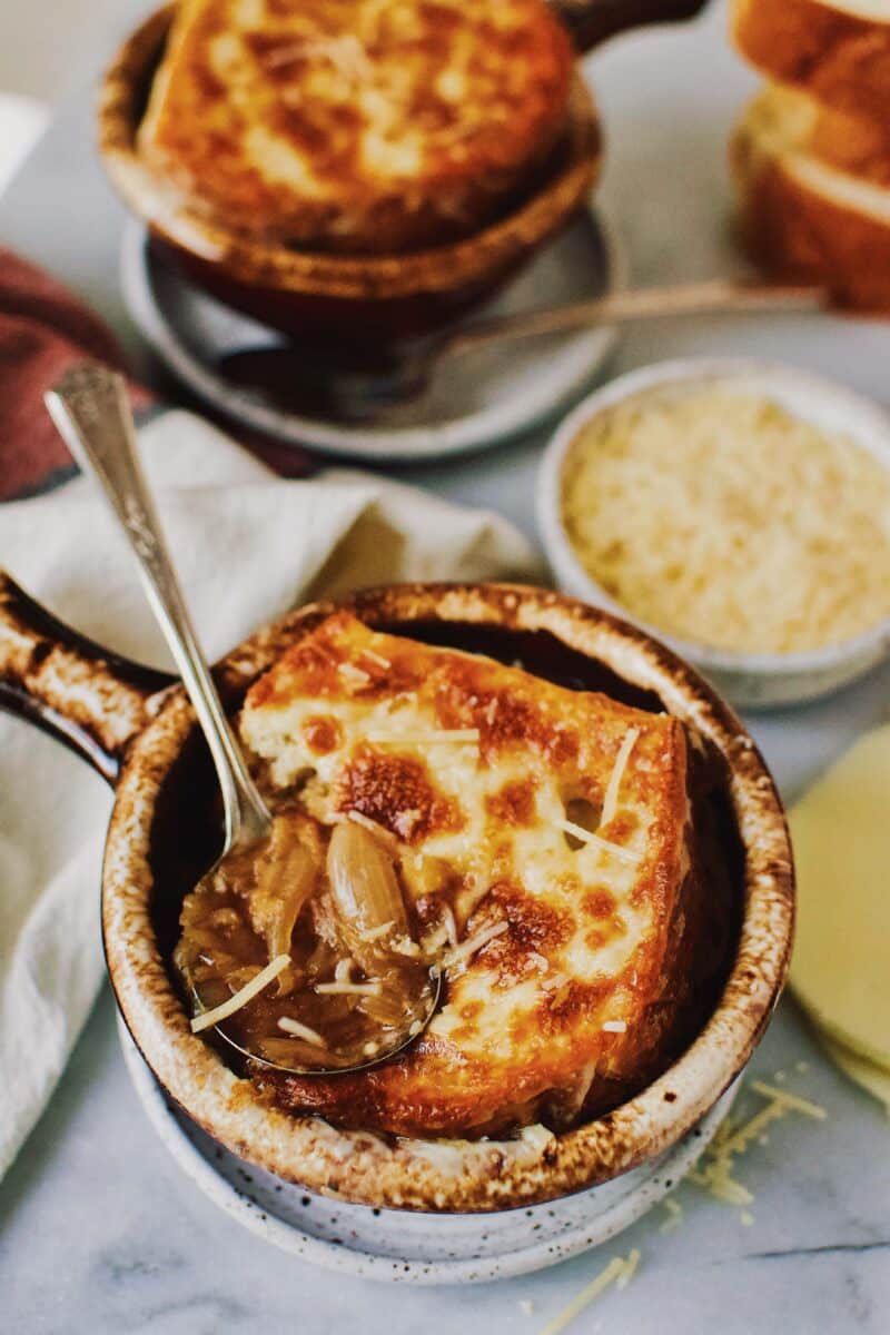 French Onion Soup the way mom used to make in a single serve brown crock.