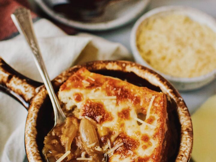 French Onion Soup the way mom used to make in a single serve brown crock.