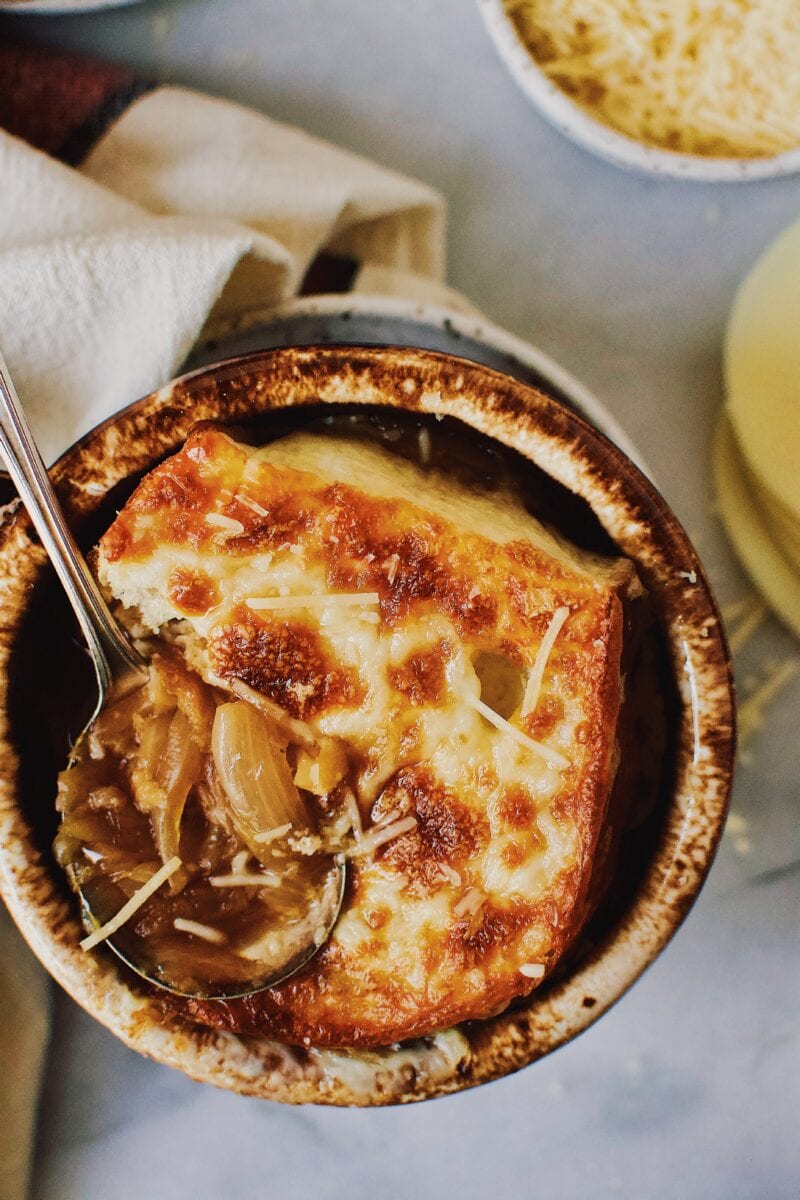 French Onion Soup the way mom used to make in a single serve brown crock.