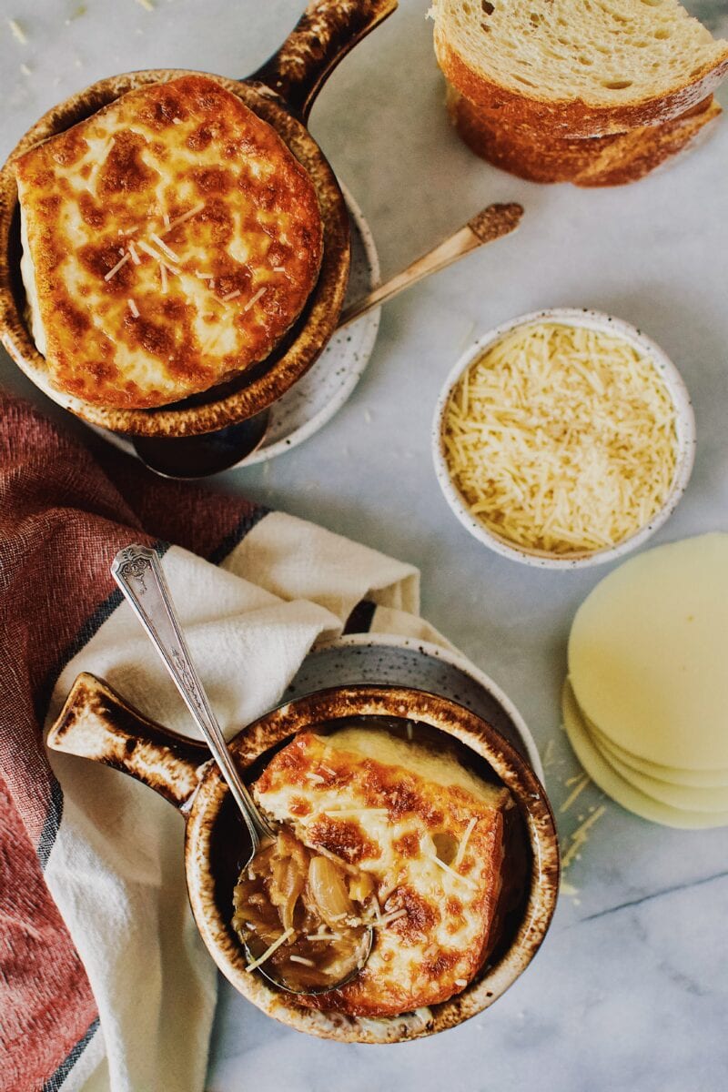 French Onion Soup the way mom used to make in a single serve brown crock.