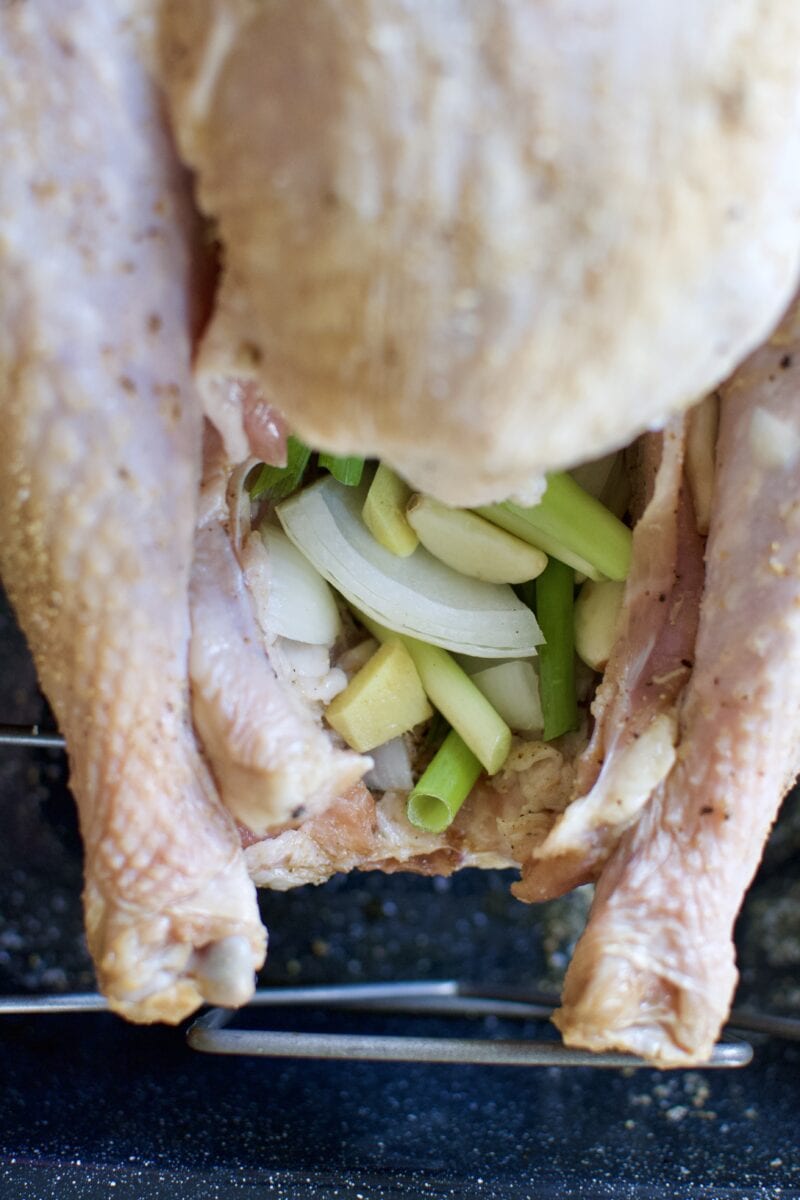 Turkey stuffed with aromatic of onion, green onion, garlic and ginger.