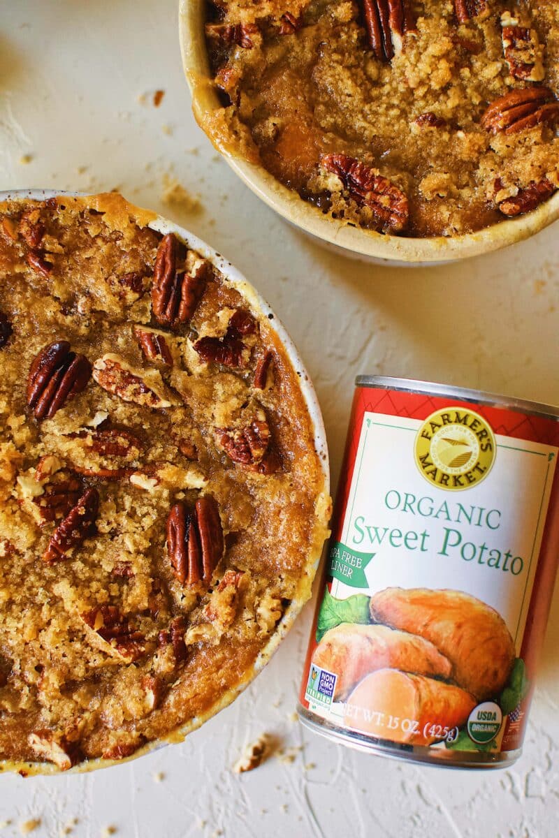 Great Aunt Sally's Sweet Potato Soufflé right out of the oven with a can of Farmers Market Foods Sweet Potato puree next to it.