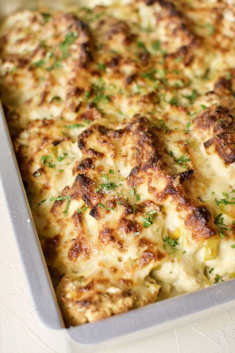 cauliflower and leek gratin fresh from the oven.