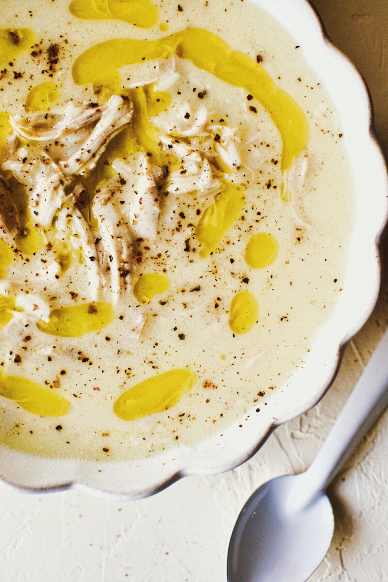 Greek Avgolemono Lemon Rice Soup in a white bowl ready to eat.