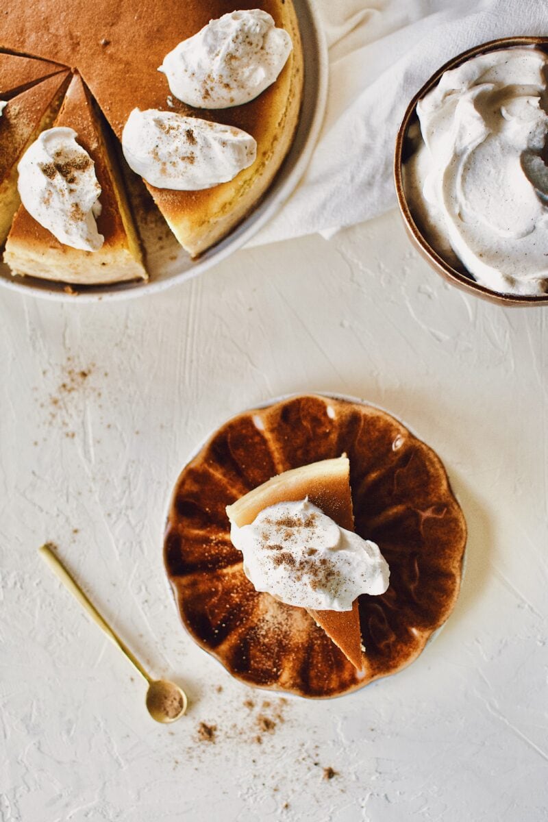 Chai-Spiced Cheesecake slice on a plate ready to eat.