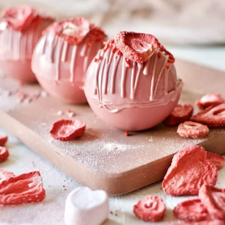 Pink Hot Chocolate Bombs ready to be enjoyed.